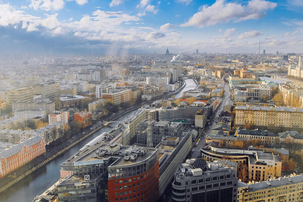 Aerial Moscow city panorama. Russian capital downtown. Moscow, Russia