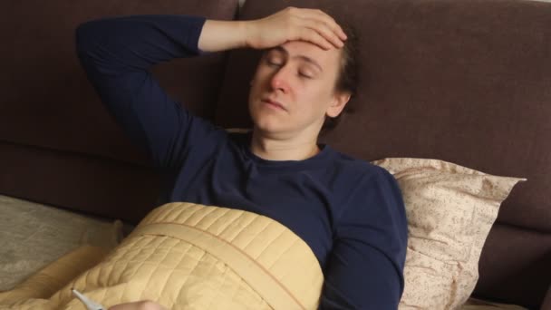 Sick Young Caucasian Hipster Man Lying Bed Cough Sneeze Cold — Stok video