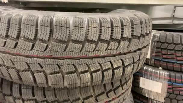 Many New Winter Tires Shelves Car Tire Wheels Storage Supermarket — Stock Video