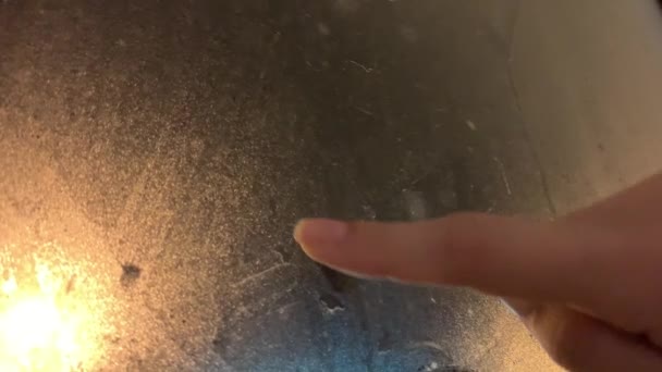 Close Female Finger Drawing Heart Shape Wet Window Street Light — 비디오