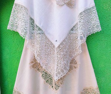 BURANO, ITALY - JANUARY 20, 2020: famous laces of Burano in Ital