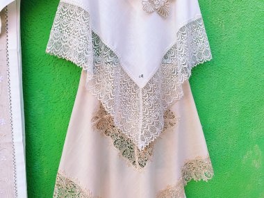 BURANO, ITALY - JANUARY 20, 2020: famous laces of Burano in Ital