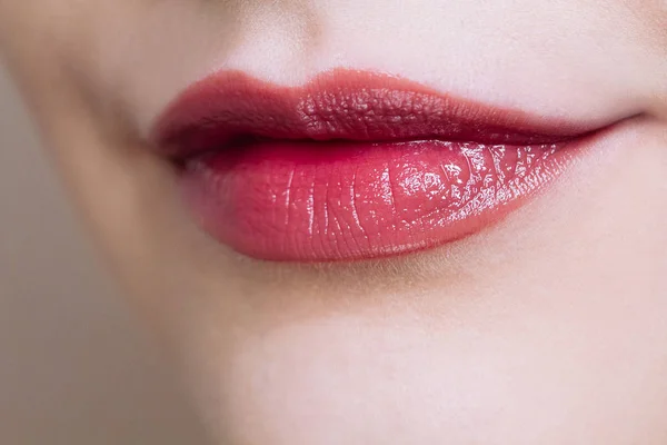 Hermoso primer plano labios rellenos femeninos con maquillaje de color desnudo . —  Fotos de Stock