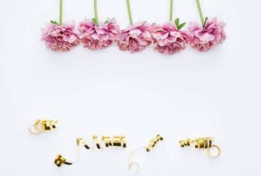 Şakayık çiçekler ve konfeti ile beyaz arka plan, üst görünümü. Düz döşeme stili