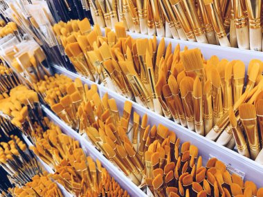 Bir grup sanatsal boya fırçası. Kırtasiyedeki raflarda yeni boya fırçaları. Resim konsepti.