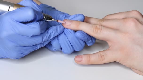 Caring Men Nails Manicurist Salon Blue Gloves Makes Manicure Man — Stock Video
