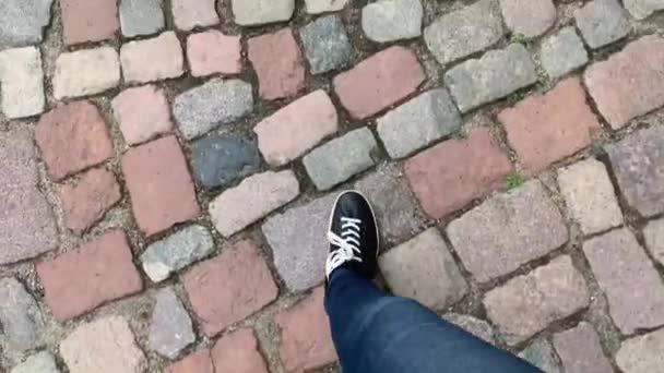 Feet Black Sneakers Walking City Stepping Sett Road — Stock Video