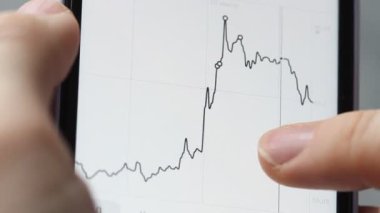 Tüccar, borsa alım satım katında akıllı telefonla çalışıyor. Adam ekrana dokunuyor, oranları ve grafikleri kontrol ediyor. Mali ve iş konsepti