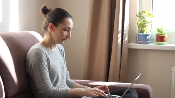 Freelancer Jovem Trabalhando Freelance Casa Digitando Mail Laptop Feminino Usando — Vídeo de Stock