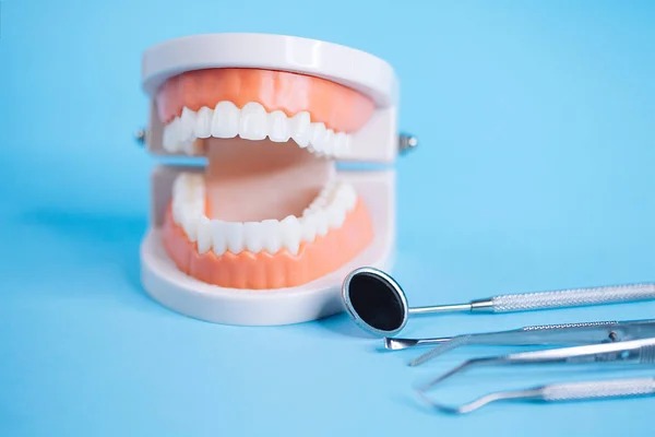 Detailní Makro Fotografování Zubů Model Zubními Nástroji Modrém Pozadí Koncept — Stock fotografie