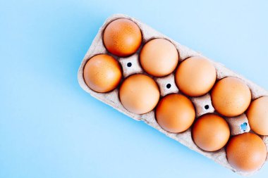 Açık yumurta kutusundaki kahverengi tavuk yumurtalarının mavi arka plandaki görüntüsü. Kopyalama alanı olan üst görünüm. Doğal sağlıklı gıda ve organik tarım kavramı.