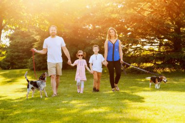 Mutlu aile köpekler ile birlikte yaz aylarında yürüyüş