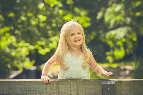 Smiling little girl standing on bench in park — Stock Photo, Image