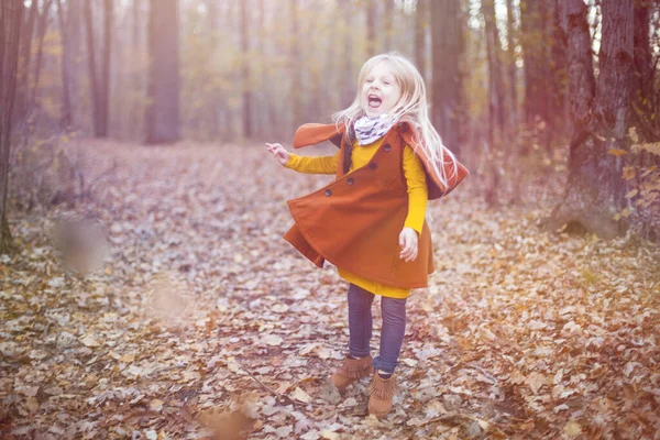 Portrait of naughty little girl having fun in autumn forest — Stock Photo, Image