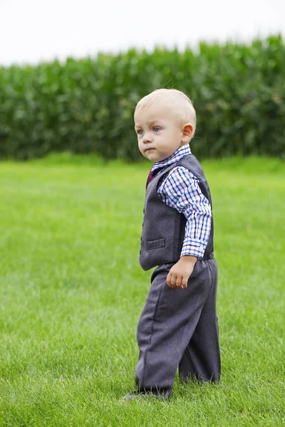 Portrait Serious Little Boy Walking Alone Toddler Wearing Formal Suit — Stock Photo, Image