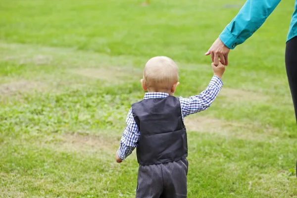 Rear View Little Boy Walking Mother Hand Outdoors Child Wearing — Stock Photo, Image