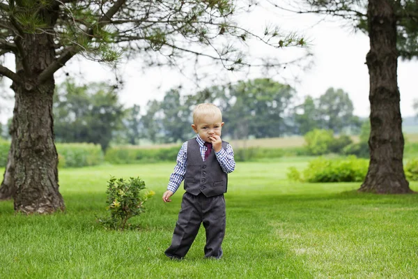 Portrait Serious Little Boy Walking Alone Outdoors Toddler Wearing Formal — Stock Photo, Image