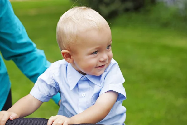 Portrait Smiling Little Child Walking Mother Toddler Boy Wearing Shirt — Stock Photo, Image