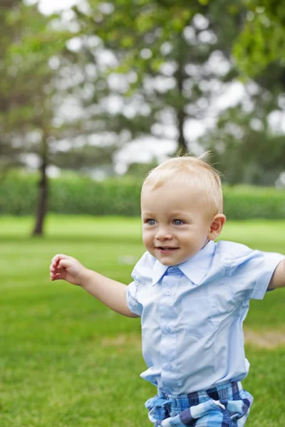 Portrait Happy Little Boy Running Outdoors Active Toddler Child Wearing — Stock Photo, Image