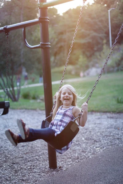 Portrait Happy Little Girl Having Fun Swing Child Playing Playground — Stock Photo, Image