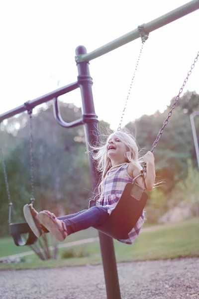 Portrait Happy Little Girl Riding Swing Child Playing Playground Childhood — Stock Photo, Image