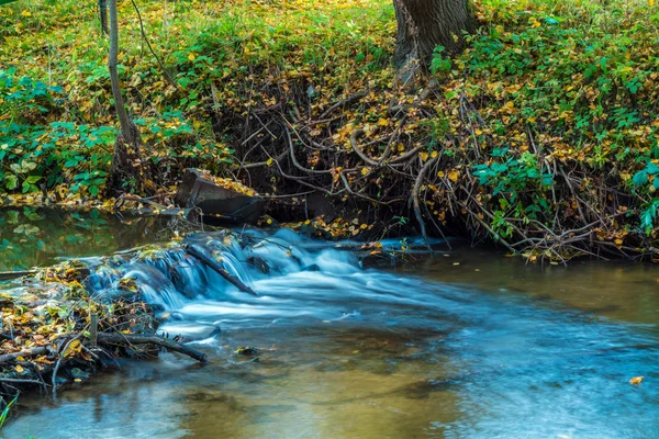 Paisagem de outono com rio e folhas fluindo — Fotografia de Stock