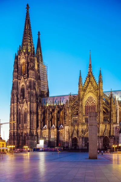 到了晚上，德国照明的哥特式科隆大教堂 — 图库照片