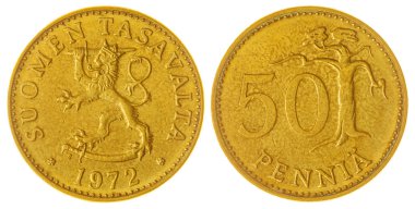 Beyaz arka plan üzerinde Finlandiya izole 50 pennia 1972 sikke