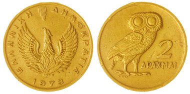 Beyaz arka plan üzerinde Yunanistan izole 2 drachmai 1973 sikke