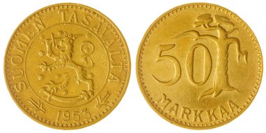 Beyaz arka plan üzerinde Finlandiya izole 50 markkaa 1953 sikke