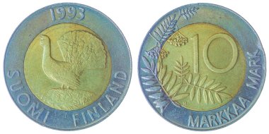 Beyaz arka plan üzerinde Finlandiya izole 10 markkaa 1993 sikke