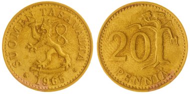 Beyaz arka plan üzerinde Finlandiya izole 20 pennia 1965 sikke