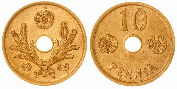 10 pennia 1943 moneta na białym tle na białym tle, Finlandia — Zdjęcie stockowe