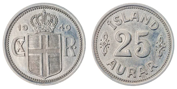 25 aurar 1940 moneta isolata su sfondo bianco, Islanda — Foto Stock