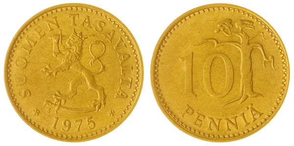 10 pennia 1975 moneta na białym tle na białym tle, Finlandia — Zdjęcie stockowe