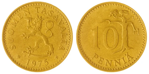 Beyaz arka plan üzerinde Finlandiya izole 10 pennia 1975 sikke