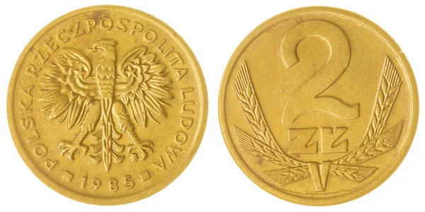 Moneta da 2 zloty 1985 isolata su sfondo bianco, Polonia — Foto Stock