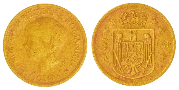 5 lei 1930 moneta na białym tle na białym tle, Rumunia — Zdjęcie stockowe