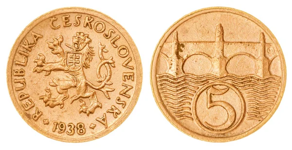 5 haleru 1938 munt geïsoleerd op een witte achtergrond, Tsjecho-Slowakije — Stockfoto