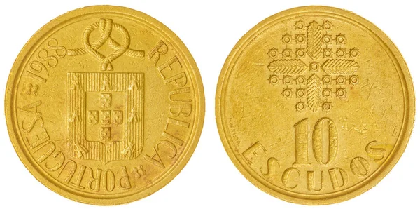 10 escudos 1991 moneda aislada sobre fondo blanco, Portugal —  Fotos de Stock