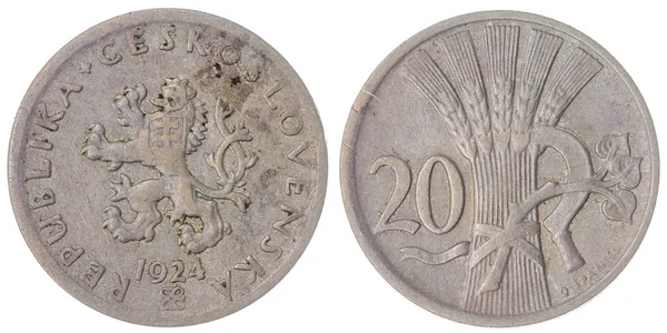 20 haleru 1924 硬币上白色背景，捷克斯洛伐克孤立 — 图库照片