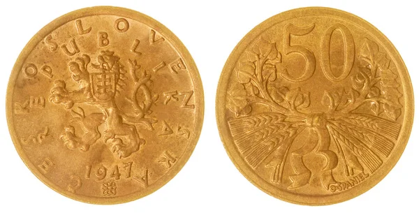 Κέρμα 50 haleru 1947 που απομονώνονται σε λευκό φόντο, Τσεχοσλοβακία — Φωτογραφία Αρχείου