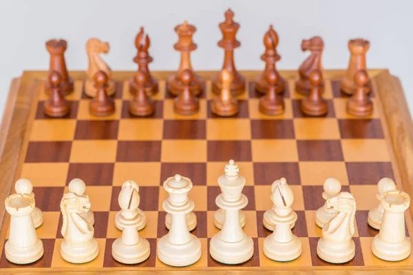 Chess pieces in starting position on a wooden Board