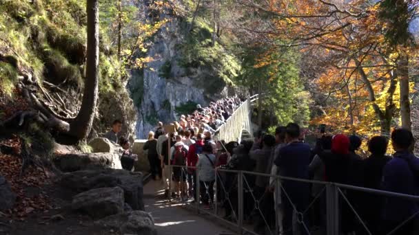 SCHWANGAU, ALEMANIA - 15 DE OCTUBRE DE 2017: Turistas se paran en Marienbruecke (Puente de Marie) cerca del Castillo de Neuschwanstein — Vídeos de Stock