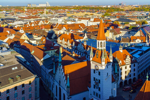 Aerial view of red roofs in old city, Munich, Bavaria, Germany