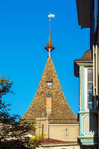 Средневековая черепичная крыша башни и лопата со львом, Цюрих, Сви — стоковое фото