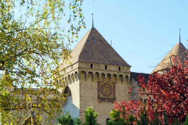 Castelo de Chillon no Lago de Genebra, nas montanhas dos Alpes, Montreux, Switz — Fotografia de Stock