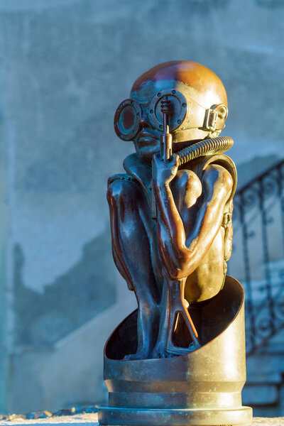 Gruyeres, Switzerland - October 18, 2017: Alien Statues near Gig