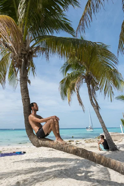 Man relaxing on plam tree — Stock Photo, Image