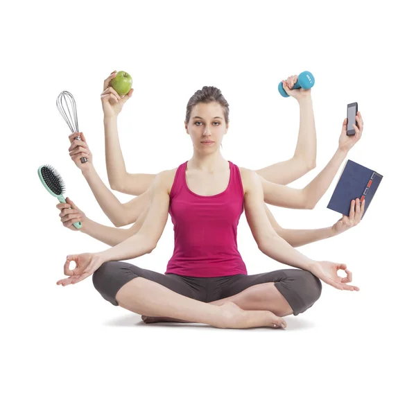 Multitasking woman in yoga position — Stock Photo, Image
